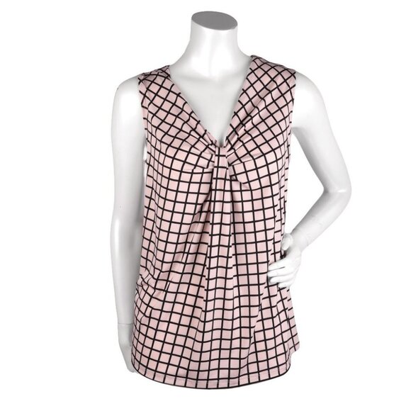 Worthington Knot Chest Blouse Stripe Check Stretch Pullover Sleeveless Pink Top - Picture 1 of 5
